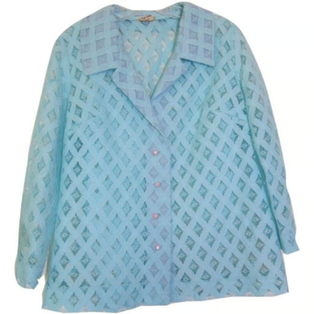 blue lace top sheer vintage shirt size large - Picture 1 of 3